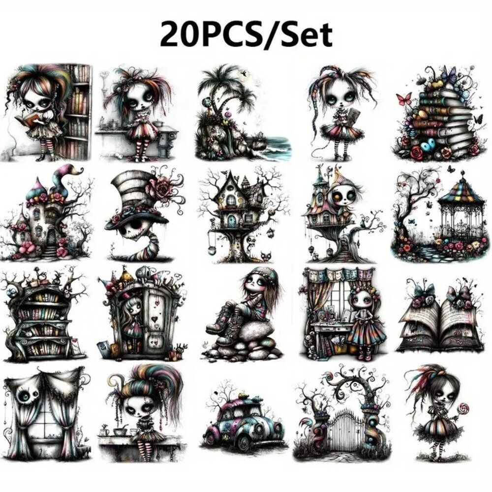 20pcs Haunted Girl 2D Stickers Gothic-Themed DIY Decor Self-Adhesive Semi-Gloss